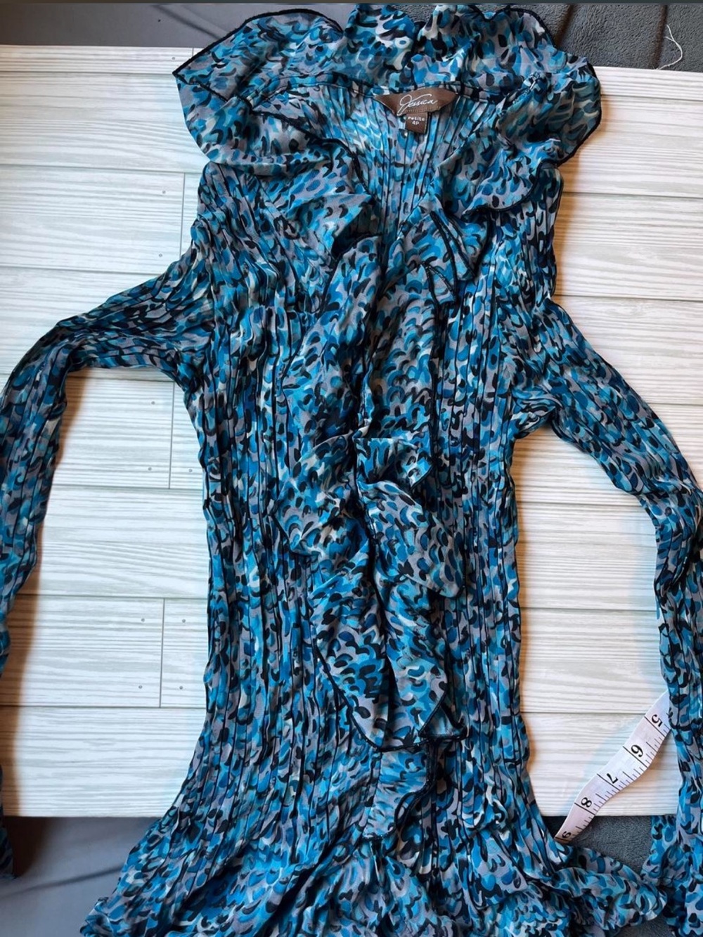 Blue Ruffle-Front Women's Blouse - Picture 6 of 6